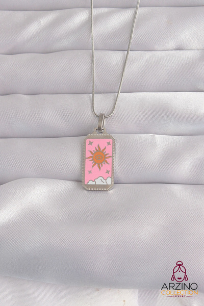 Generic Brand 316L Steel Silver Color Pink Enamel Sun Model Tarot Necklace