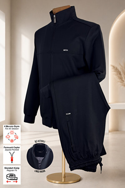 BESSA Black Stand Collar Sweat Suit Set Standard Fit Zipper Pocket Cotton Ste...