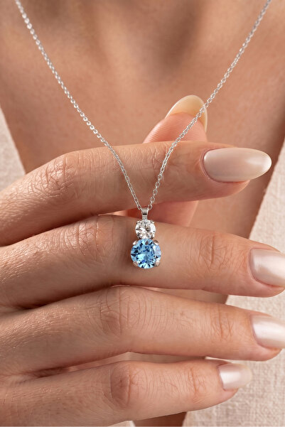 SERYN Aquamarine Işıltısı Çift Taşlı Gümüş Kolye