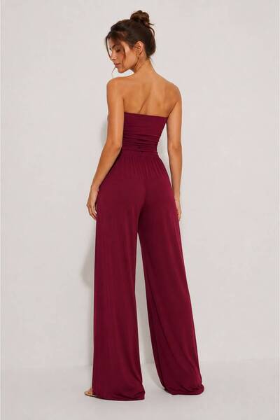 POP STORY Women's Strapless Tie-Up Asymmetrical Cut Blouse and Wide Leg Pants