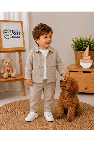 P&H BABYWEAR طقم كتان قماش قابل للتمدد سفاري موديل 3-قطعة للأولاد الرضع/الأطفال