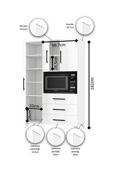 AEKA Ae-2074 Aras Beyaz Çok Amaçlı Mutfak Dolabı&banyo Dolabı, Kiler, 3 Kapaklı, 3 Çekmeceli, Fırın Bölme