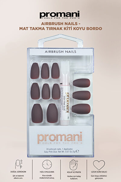 Promani Airbrush Nails - Mat Takma Tırnak Kiti Koyu Bordo