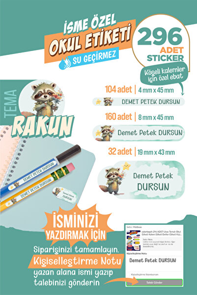 colortouch 296 ADET  Rakun Temalı Okul Etiketi Sticker Kalem Etiketi Defter E...