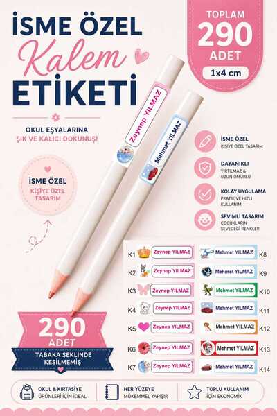 ZY TASARIM Öğrenci Etiketi isimli Okul Kalem Etiketi Kalem Sticker Seti 290 Adet