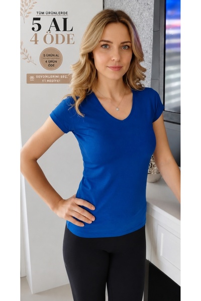 moda felinya Women's Short Sleeve V-Neck Sax Blue Body T-Shirt