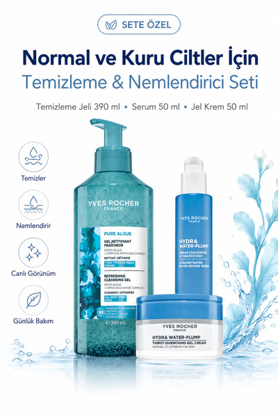 Yves Rocher Normal Kuru Cilt Bakım Seti Temizleme Jeli 390 ml Serum 50 ml Jel...
