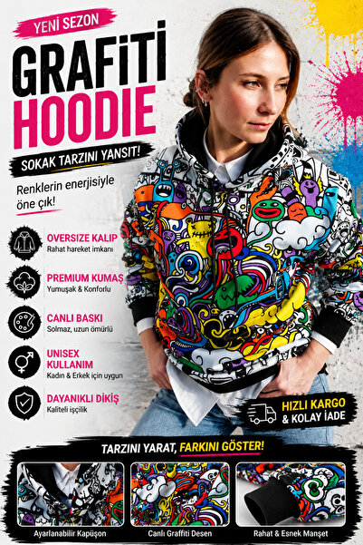 FG KONNİCHİWA Graffiti Moon Monster Character Hooded Sweatshirt Hooded Sweats...