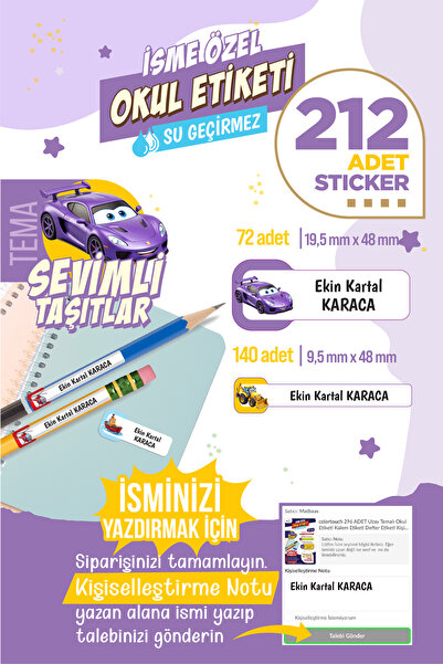 colortouch 212 ADET Sevimli Taşıtlar Temalı Okul Etiketi Sticker Kalem Etiket...