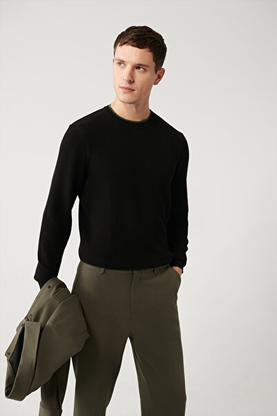 Avva Schwarzer strukturierter Strickpullover mit doppeltem Kragen für Herren ...