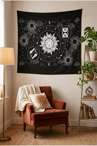 move home Black Sun Patterned Fabric Wall Covering, Wall Tapestry