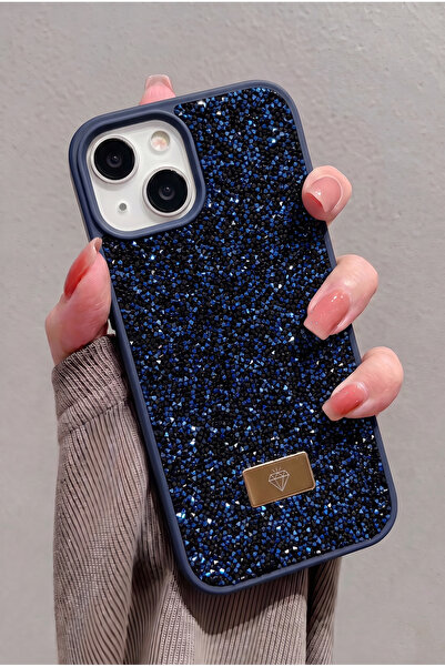 KVK PRİVACY iPhone 13 / 14 / 15 Uyumlu – Elmas Tasarımlı, Lacivert Taşlı, Işı...