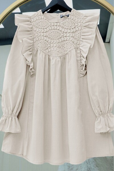 Modamorfo Shoulder Ruffled Robe Lace Embroidered Poplin Tunic - Stone