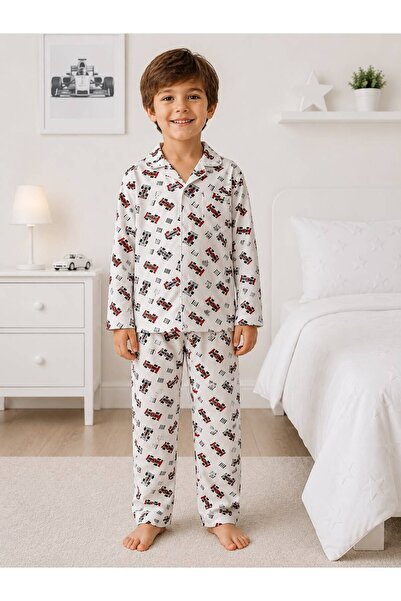 Fil Kids Boy's 100% Cotton Ecru Formula 1 Car Pattern Shirt Collar Buttoned W...