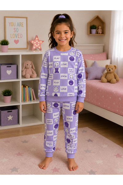 ALİŞ KİDS Girl's Cotton Seasonal Lilac Color Rabbit Patterned Long Sleeve Paj...