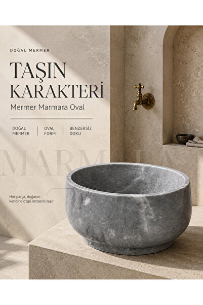 Mermer Marmara Oval Hamam Kurnası Doğal Mermer Gri Dekoratif Banyo Kurnası