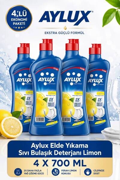 aylux Elde Yıkama Sıvı Bulaşık Deterjanı 4x700ML 2 Kat Daha Güçlü Formül Limon