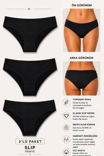 Ka Art Gallery 3-Pack Sli̇p. Premium Cotton Basic Normal Waist Panties. Black