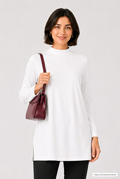 penyebizden Premium Viscose High Collar Long Tunic -White