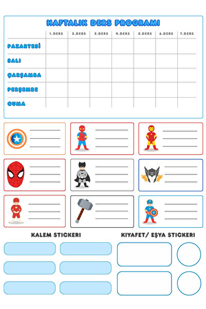 Bimotif Erkek Öğrenciler için 10 Sayfa Okul Etiketi, Figürlü İsimlik, Ders Pr...
