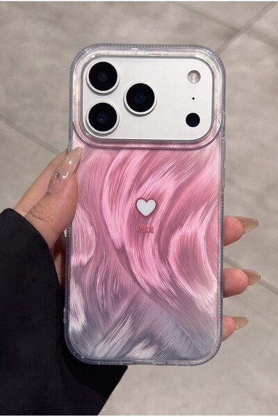KVK PRİVACY iPhone 17 Pro Uyumlu Pembe Tüylü Dalga Desenli Küçük Kalp Tasarım...