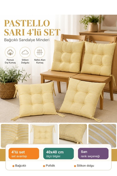 UYKUPEREST Pastello 4'lü Sandalye Minderi 40x40 Bağcıklı Pofidik Silikon Dolg...