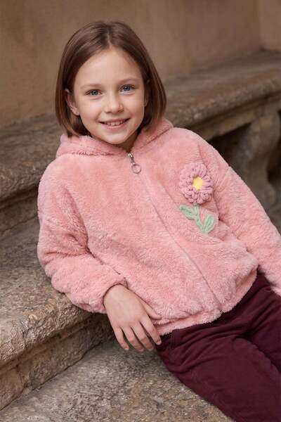 Fulla Moda Floral Embroidered Zippered Girls' Plush Coat