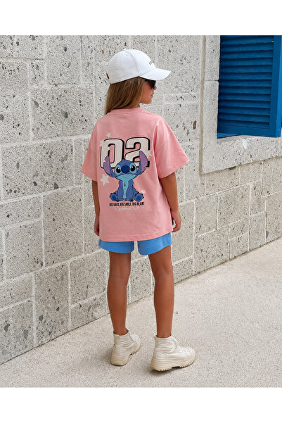 MODA Girl's Pink Stitch Printed Cotton T-Shirt