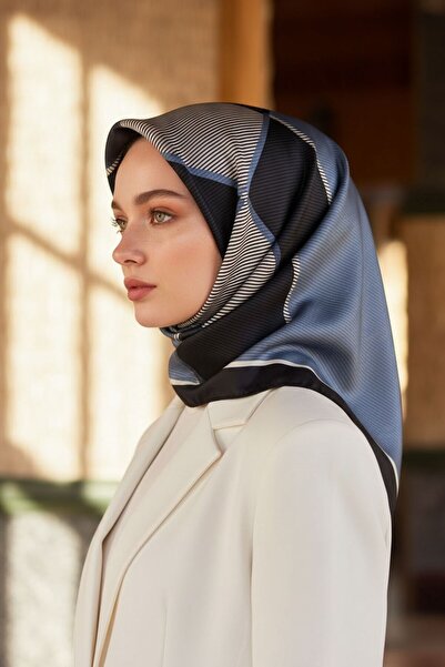 Vissona %100 Twill İpek Geometrik Desenli İndigo Renkli 90x90 Eşarp Dikim Şek...