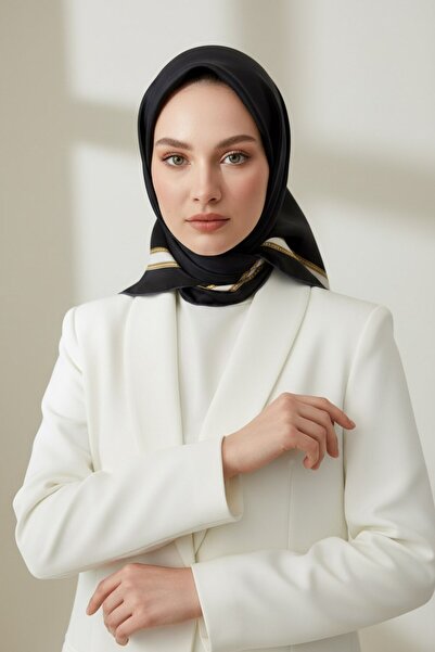 Vissona % 57 İPEK % 43 VİSKON Twill İpek Dokulu Şerit Desenli Siyah - Kremi R...