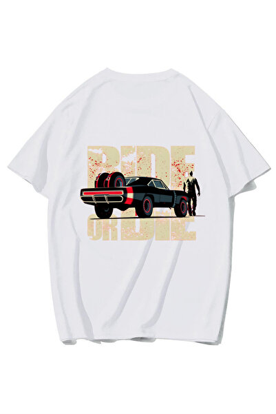 BRZ COLLECTION Unisex Oversize Car Ride Or Die T-shirt (BEYAZ)