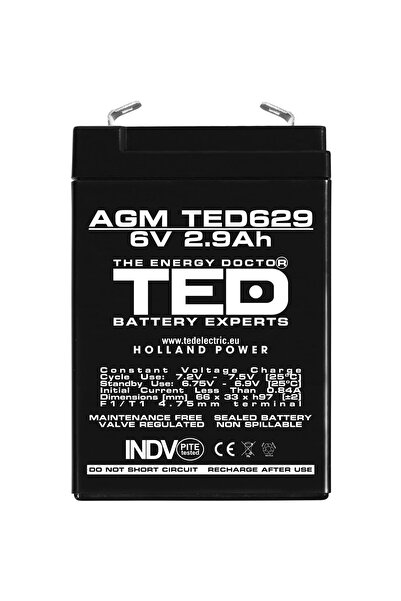TED Electric Acumulator Stationar AGM VRLA Etans 6V 2.9A F1 T1, Dimensiuni 66mm x 33mm x h97mm