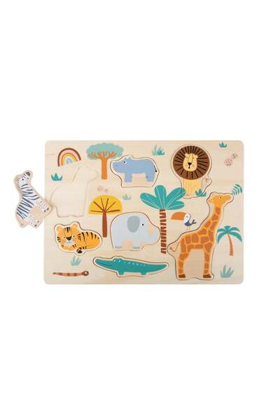 Small Foot Puzzle  "Safari" – Joc din lemn pentru copii cu 7 animale din savană, piese mari ușor de prins, antrenează răbdarea și concentrarea