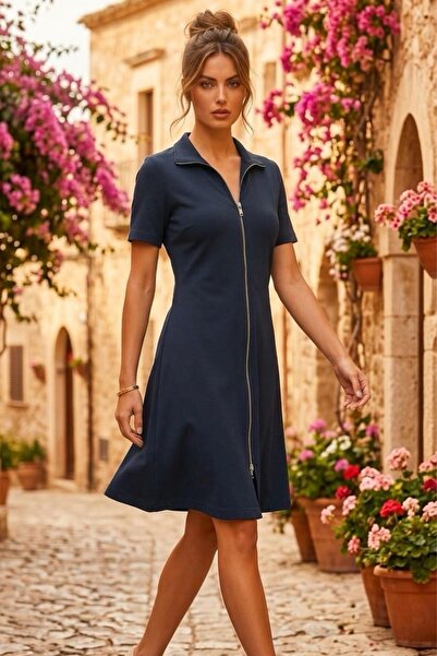 Ded COLLECTION Γυναικείο κοντομάνικο φόρεμα με διπλό φερμουάρ Mini Modal