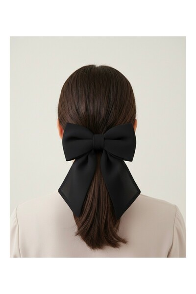 JZ MODA Black Chiffon Bow Automatic Clip-On Hairpin - Ribbon Hair Accessory w...