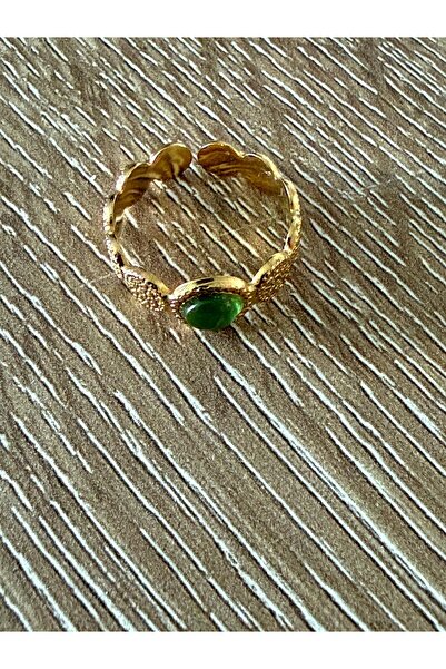 misstakıjewerly ÇELİK GOLD RENK YEŞİL YUVARLAK TAŞLI DESENLİ AYARLANABİLİR YÜZÜK
