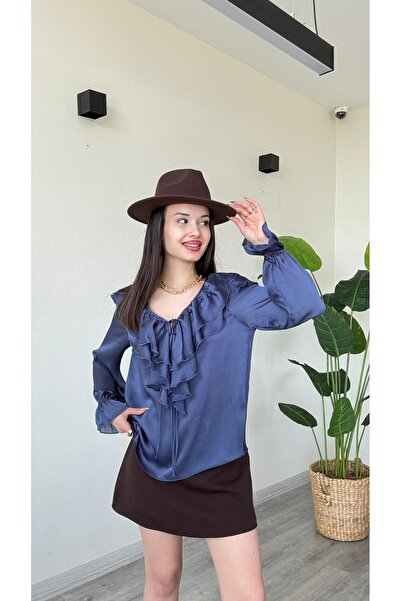 modadagiyim Γυναικεία μπλούζα πουκάμισο με κορδόνια και λεπτομέρειες στα μανί...