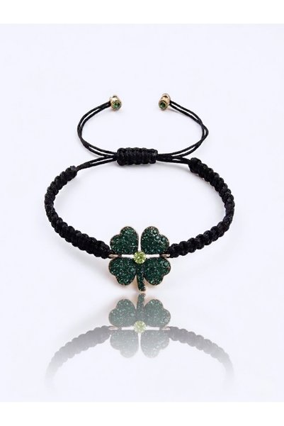 TMD AKSESUAR Mother-Daughter Lucky Hearts Green Zircon Stone Four-Leaf Clover Black Macrame Braided Bracelet