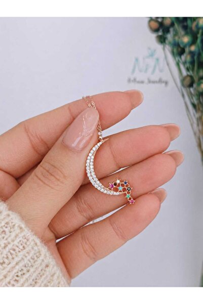 NsN Silver 925 Ayar Gümüş Zirkon Taşlı Rosegold Kaplama Ay ve Yıldızlar Kolye