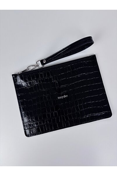 TROYDER Hakiki Deri Clutch/ Portföy Çanta Siyah Rugan Limited Edition(New Col...