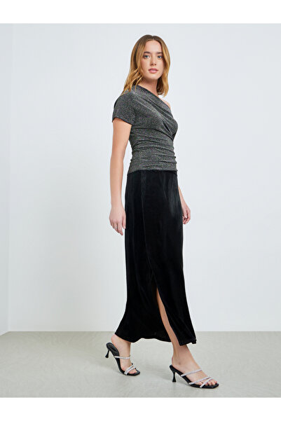 Take Two By Styli Black Velvet Bodycon Midi Skirt
