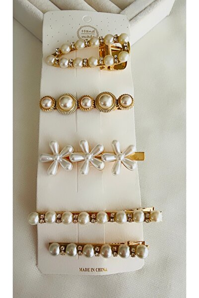 VNS Accessories طقم مشابك جانبية ذهبية مرصعة باللؤلؤ مكون من 5 قطع