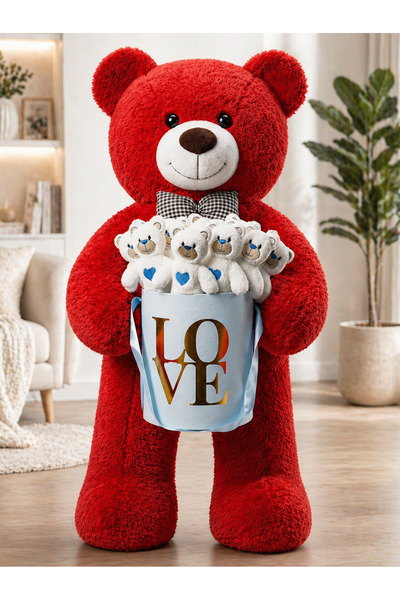 lenostra 90cm Büyük Kırmızı Peluş Ayı 15'li Mavi Kalpli Mini Ayıcık Mavi Love...