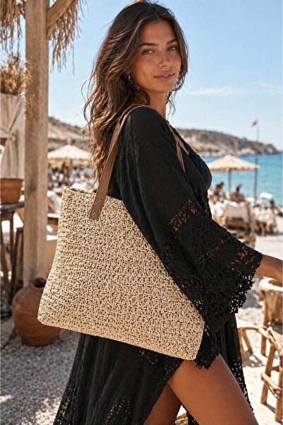 BALIENTE Μπεζ δερμάτινη λαβή, χειροποίητη πλεκτή ψάθινη γυναικεία τσάντα 47x3...