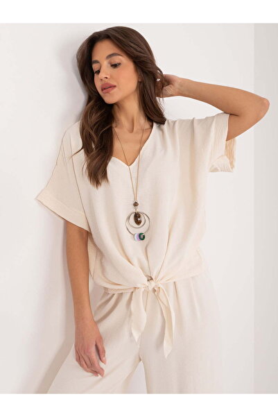Moda Italy Casual Cream Blouse with V-Neck and Long Statement Necklace Includ...