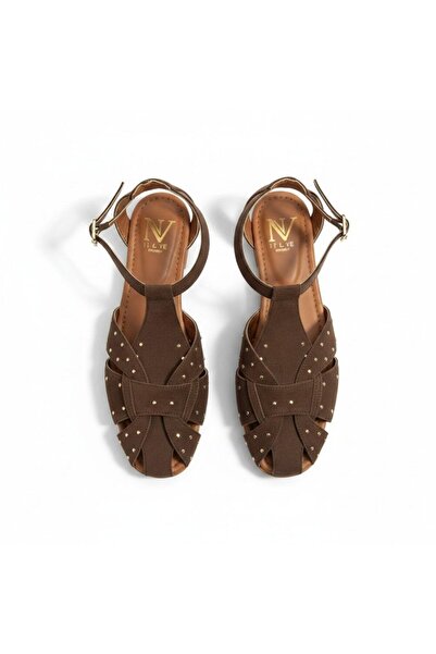 NE&VE SHOES Καφέ σουέντ γυναικεία καθημερινά σανδάλια με τετράγωνα δάχτυλα κα...