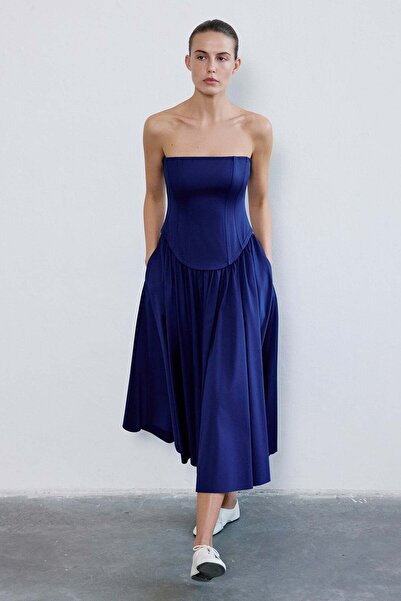 rue Straplez Balenli Midi Poplin Lacivert Elbise