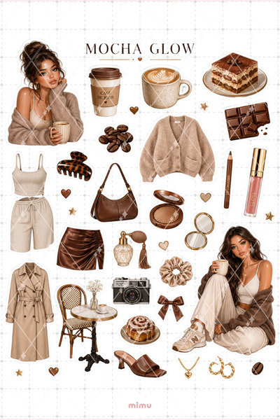 Mimu Art Studio Latte Girl Essentials Sticker Seti Kahve Bej Cozy Estetik 2li...