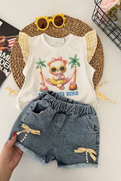 Minigimin Cicileri Summer Girl's 3-Piece Set with Cute Bear Print and Glasses...