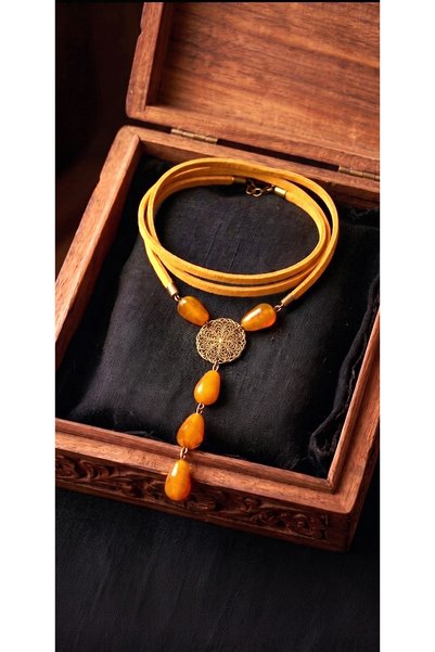LADYMİRAGE Real Leather Jade Stone Design Necklace